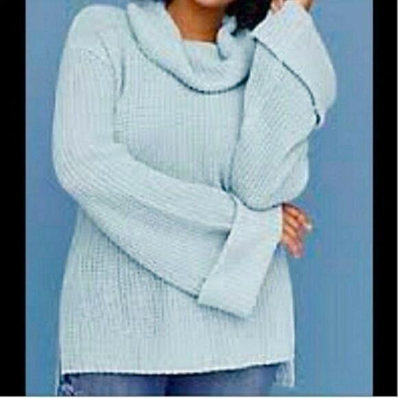 Lane Bryant Cable Knit Draped Cowl Cuffed Bell Sleeve Turquoise Sweater Sz 18/20 - Picture 13 of 13